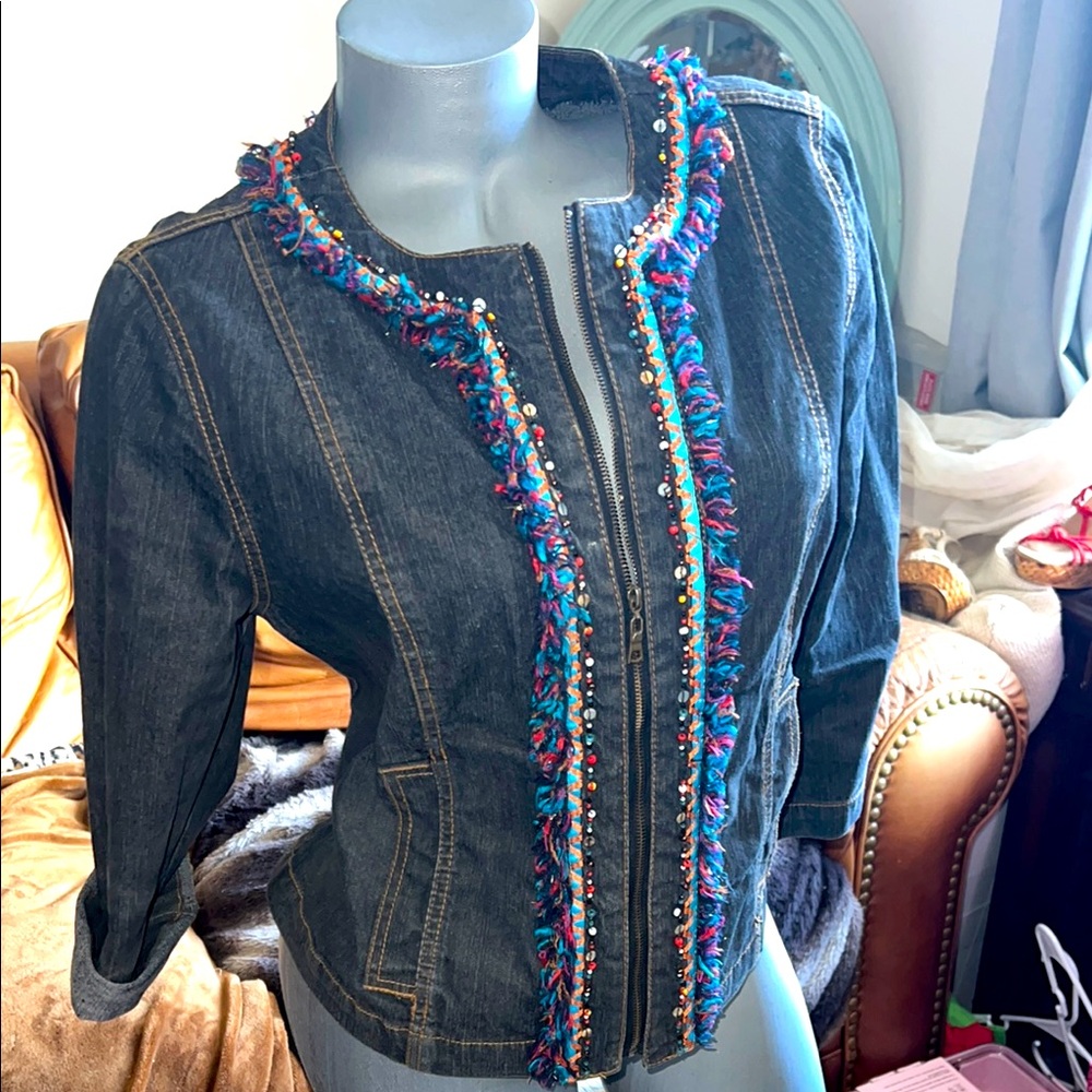 Ruby Rd. Denim Jacket with Vibrant beaded Trim Sz 10 Lg